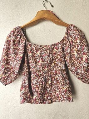 Sim & Sam Burgundy Multi Floral Crop Top Puffy Sleeves Blouse